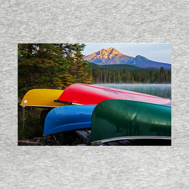 Canoes on Cavell Lake Jasper National Park Alberta Canada Pyramid Mountain by WayneOxfordPh